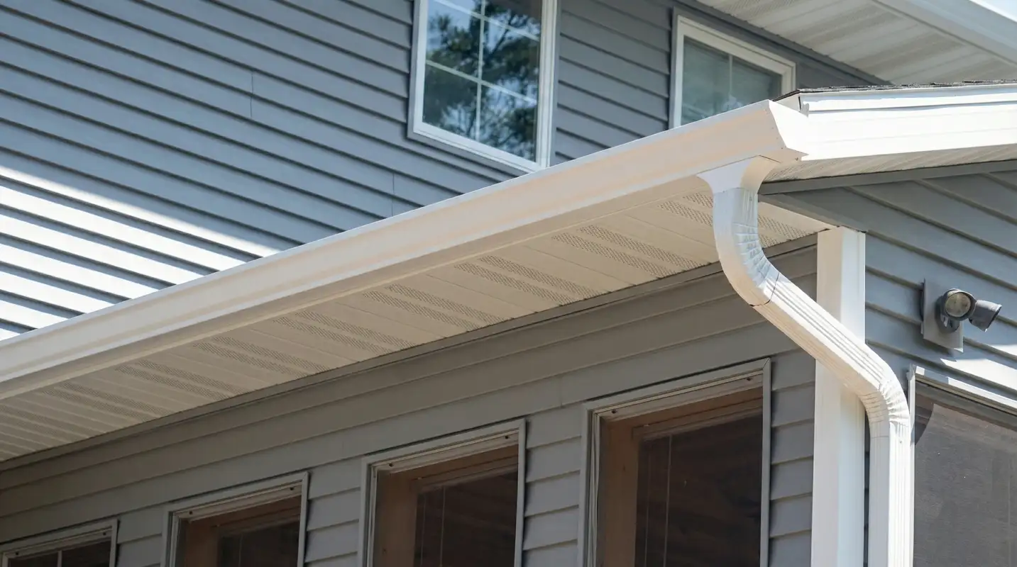 Professional home remodeling project showing newly installed white seamless gutters and downspouts on a house with gray siding in Riverside, CA