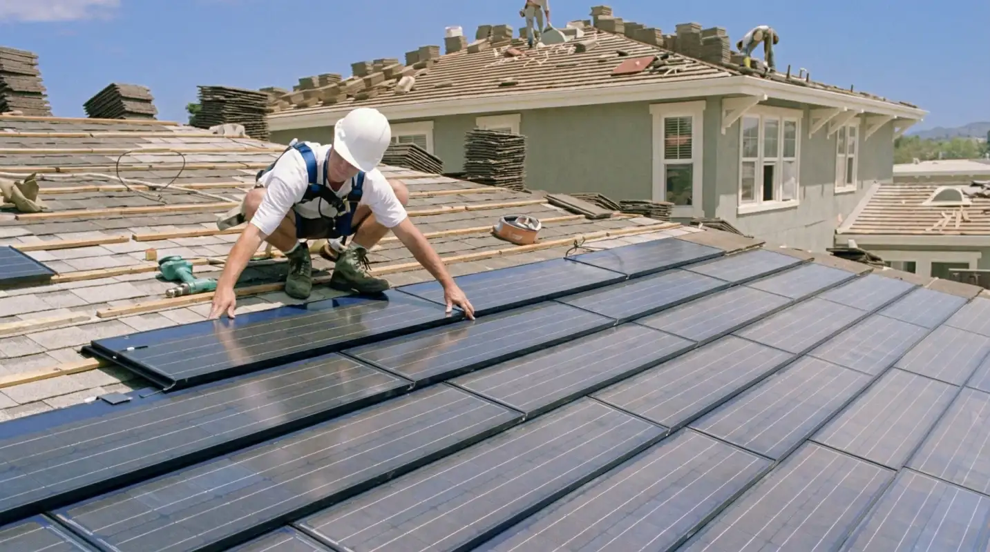 Roof replacement expert installing modern solar shingles on a residential home in Riverside, CA