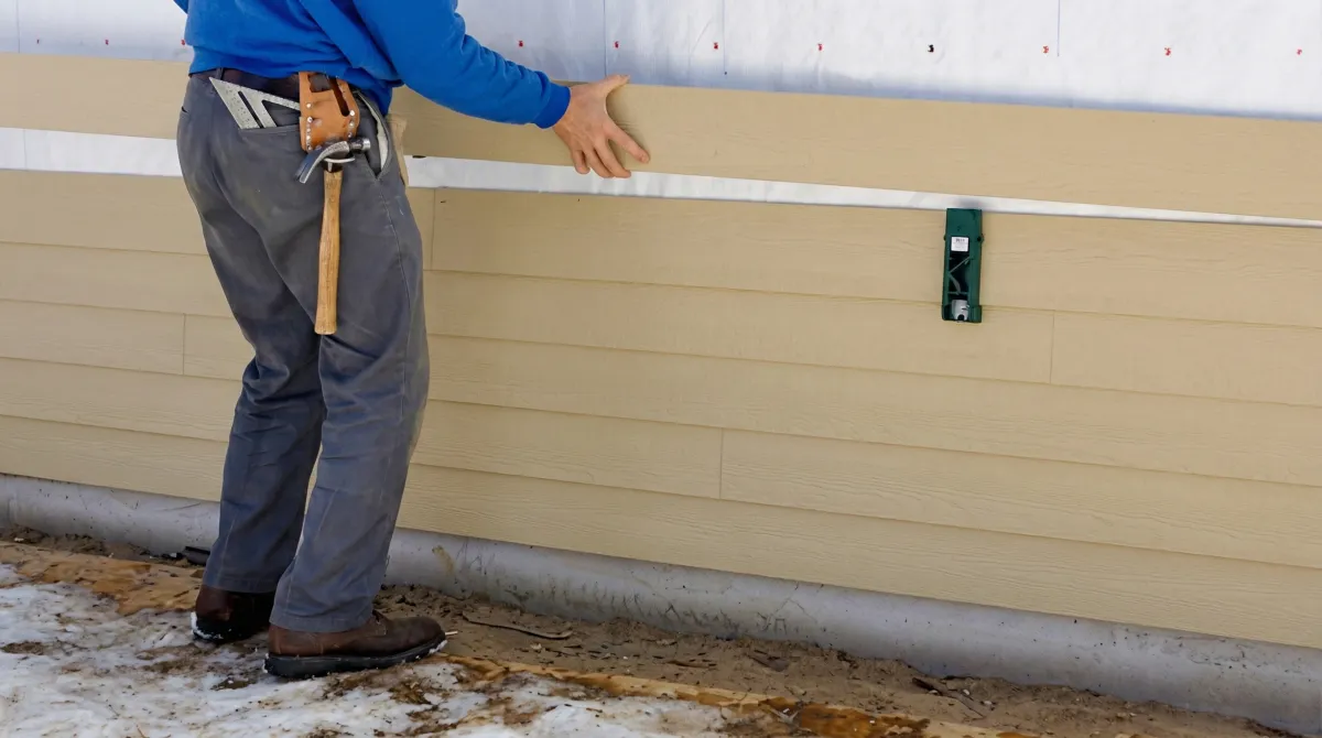 Siding replacement expert carefully aligning a new tan siding panel onto a residential exterior wall in Riverside, CA