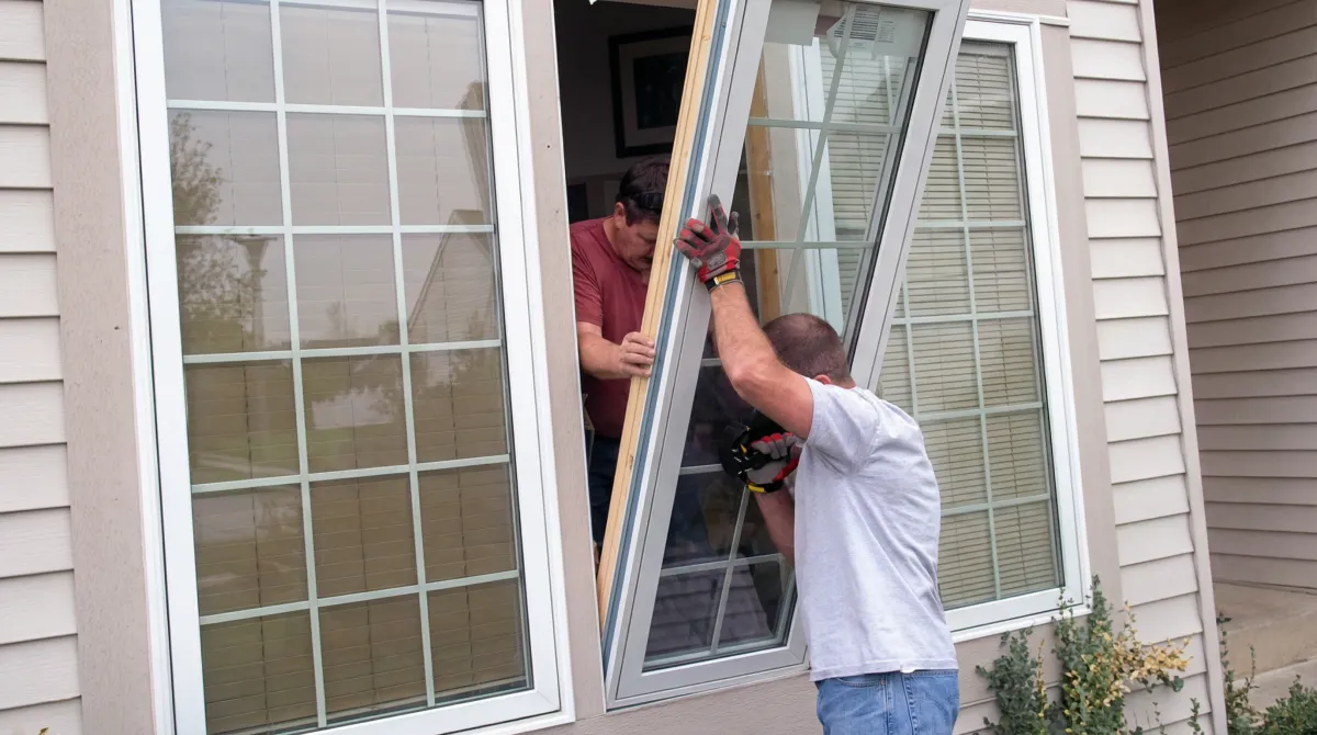 Professional home remodeling team installing a large replacement window on a house with tan siding in Riverside, CA