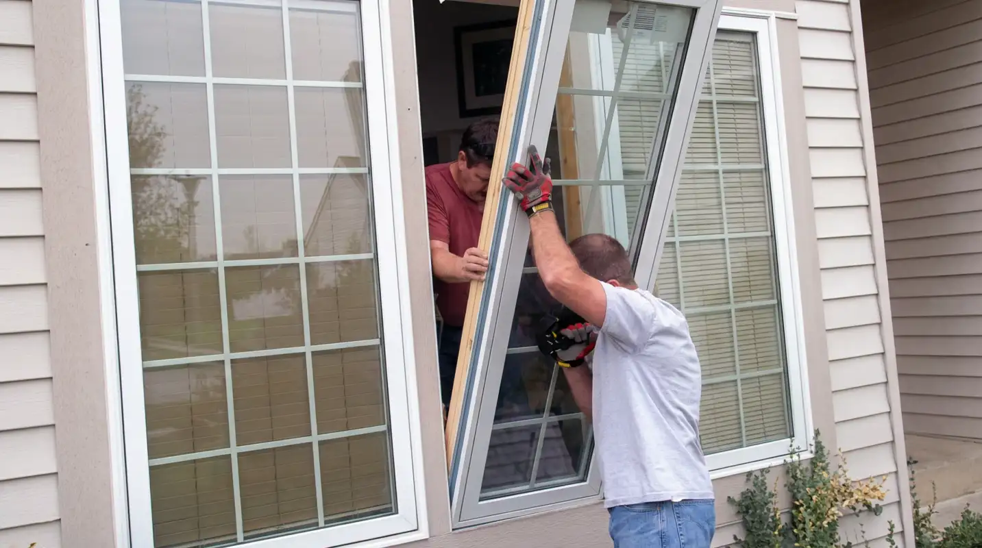 Professional home remodeling team installing a large replacement window on a house with tan siding in Riverside, CA